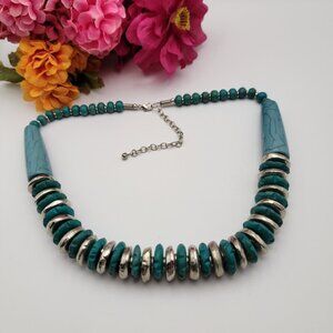 Faux Turquoise Beaded Necklace 24" Silver Tone Southwest Statement Chunky